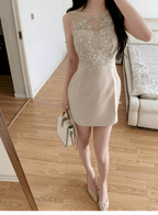Blush Pink Lace Round Neck Ruched Waist Cutout Back Sleeveless Mini Dress - EveningVerse1
