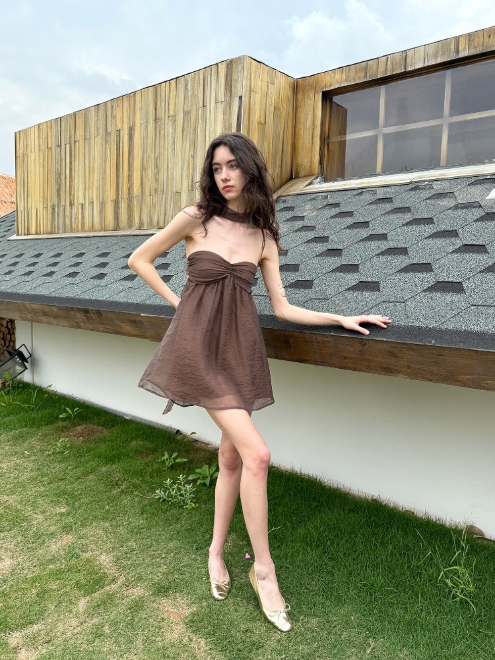 Brown Halter Neck Strapless Flowy Chiffon A - Line Mini Dress - EveningVerse - 5