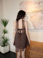 Brown Halter Neck Strapless Flowy Chiffon A - Line Mini Dress - EveningVerse - 6
