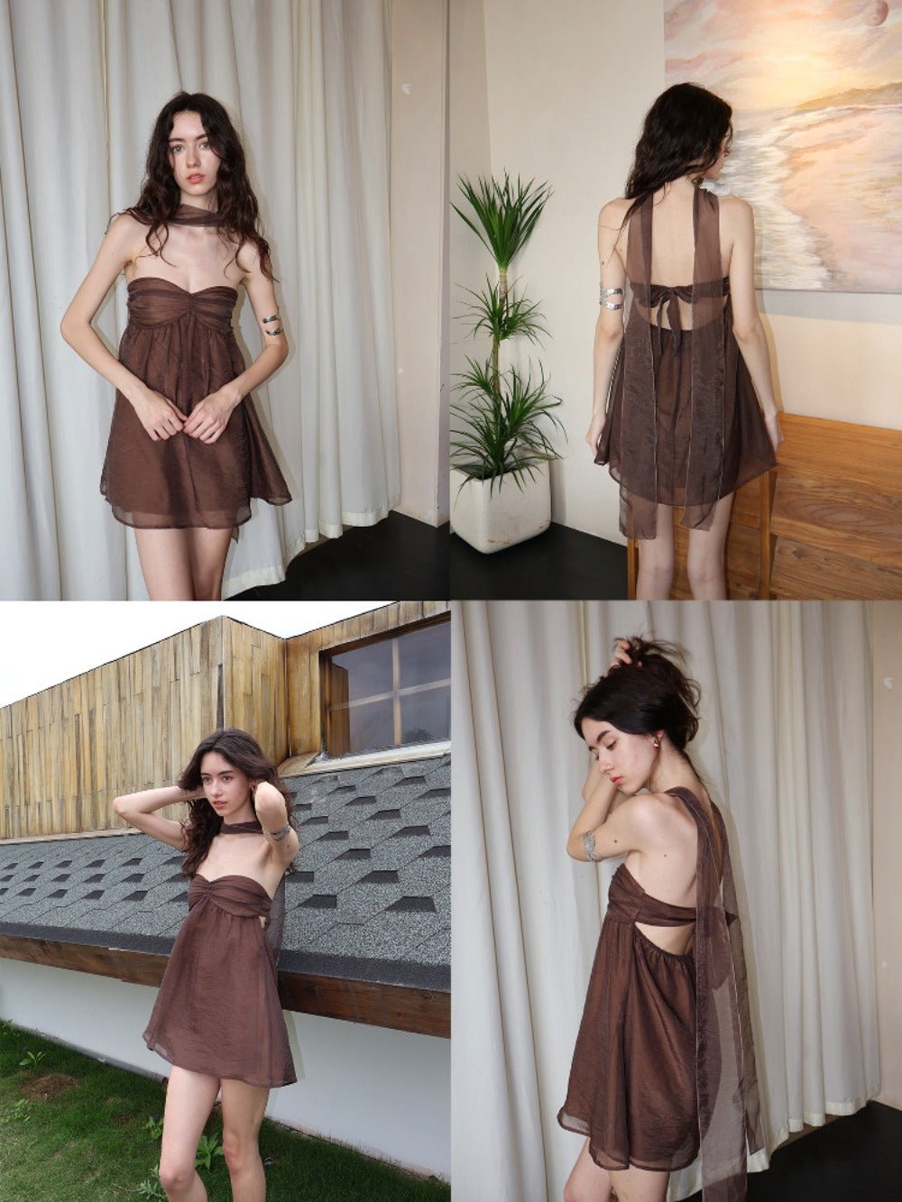 Brown Halter Neck Strapless Flowy Chiffon A - Line Mini Dress - EveningVerse - 3