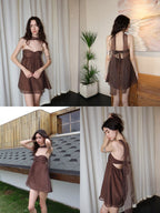 Brown Halter Neck Strapless Flowy Chiffon A - Line Mini Dress - EveningVerse - 3