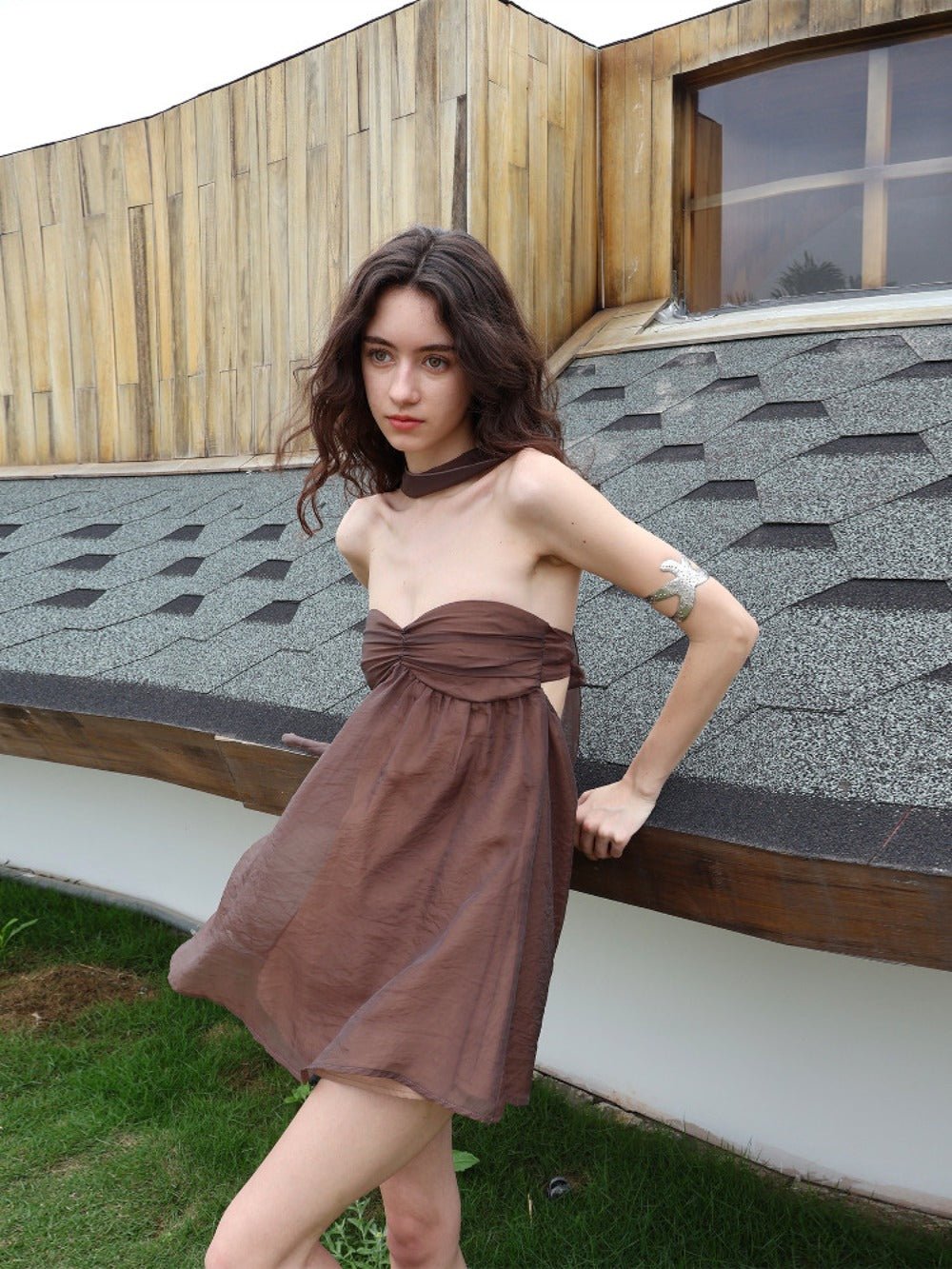 Brown Halter Neck Strapless Flowy Chiffon A - Line Mini Dress - EveningVerse - 4