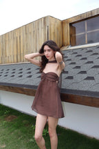 Brown Halter Neck Strapless Flowy Chiffon A - Line Mini Dress - EveningVerse - 7