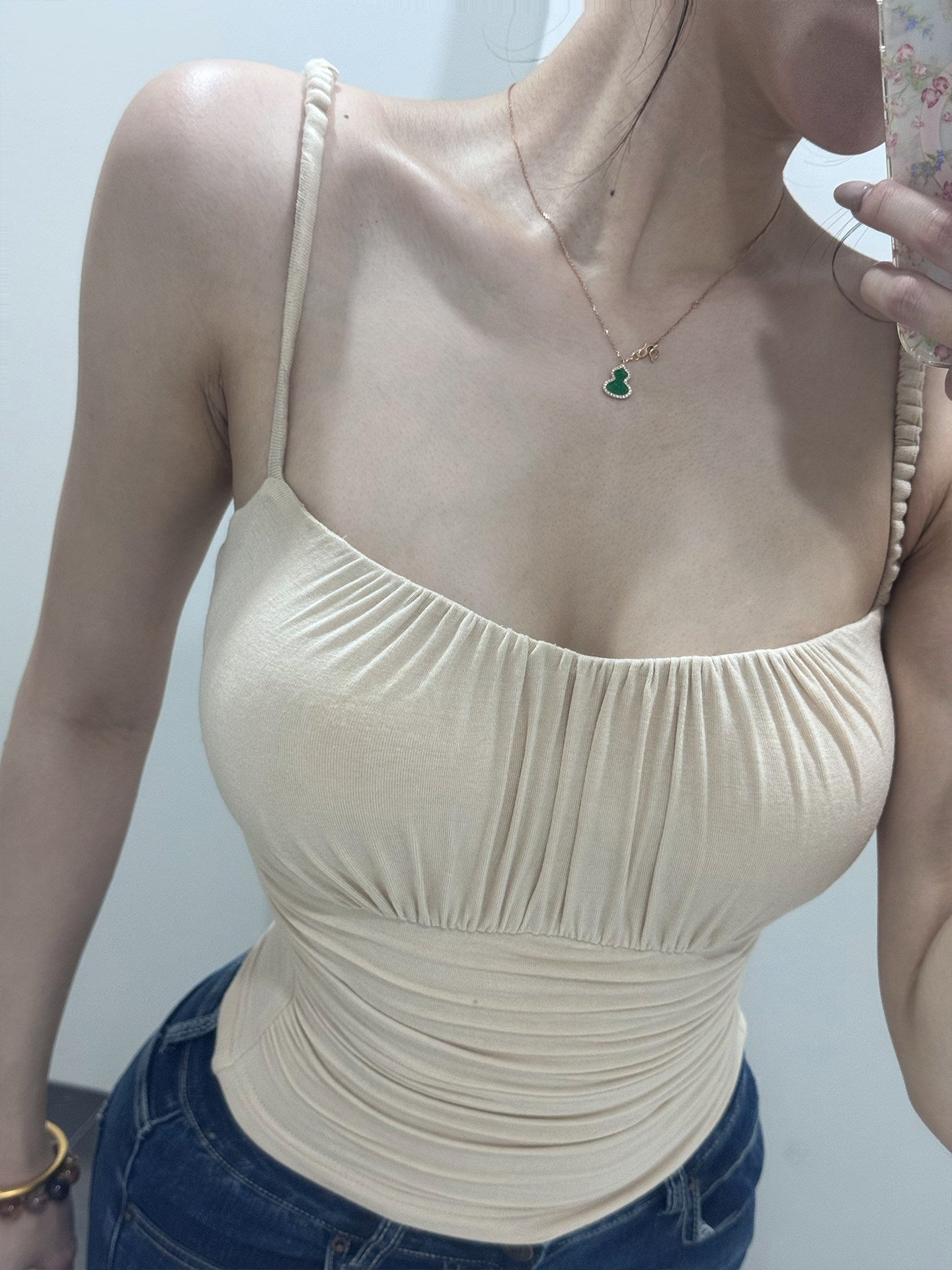 Brown Ruched Cutout Back Braided Strap Square Neck Built-in Bra Cami Top - EveningVerse3
