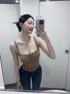 Brown Ruched Cutout Back Braided Strap Square Neck Built-in Bra Cami Top - EveningVerse2