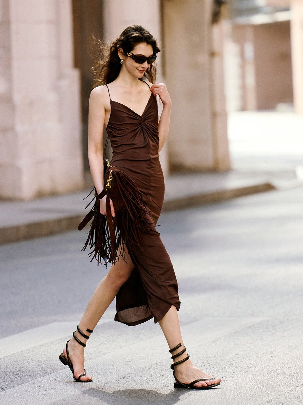 Brown Twist Slip Midi Dress Spaghetti Strap Backless - EveningVerse - 8