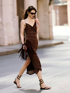 Brown Twist Slip Midi Dress Spaghetti Strap Backless - EveningVerse - 8