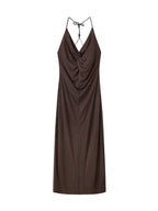 Brown Twist Slip Midi Dress Spaghetti Strap Backless - EveningVerse - 4
