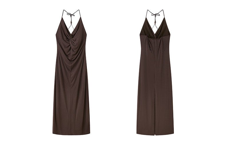 Brown Twist Slip Midi Dress Spaghetti Strap Backless - EveningVerse - 2