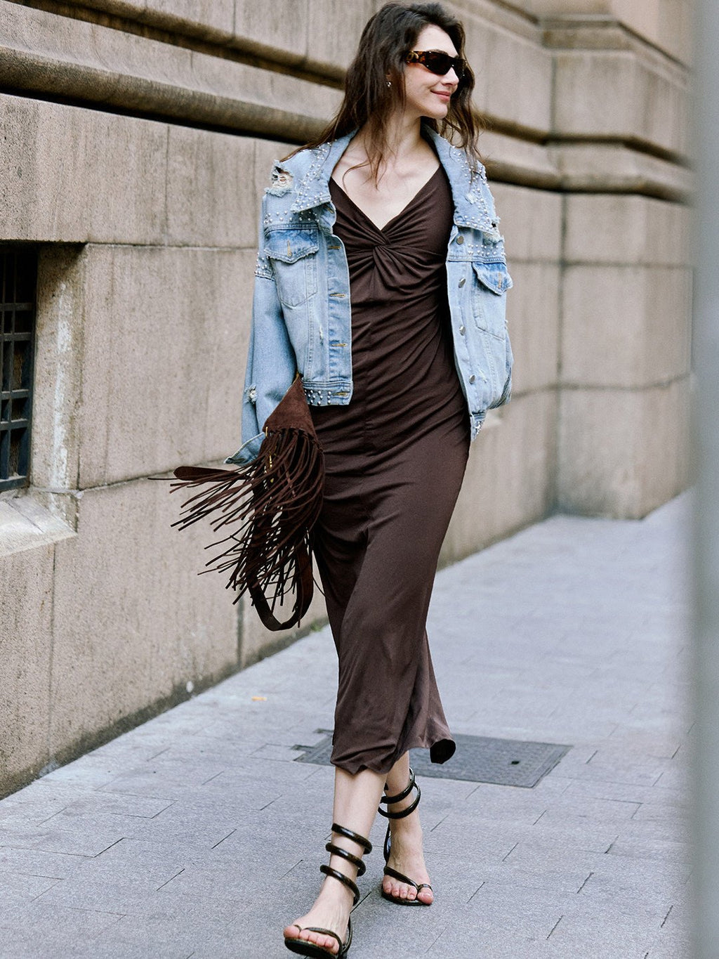 Brown Twist Slip Midi Dress Spaghetti Strap Backless - EveningVerse - 10