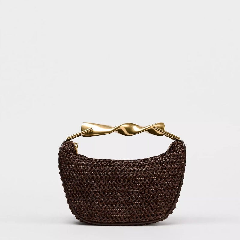 Raffia-Effect Woven Mini Bag with Metal Handle