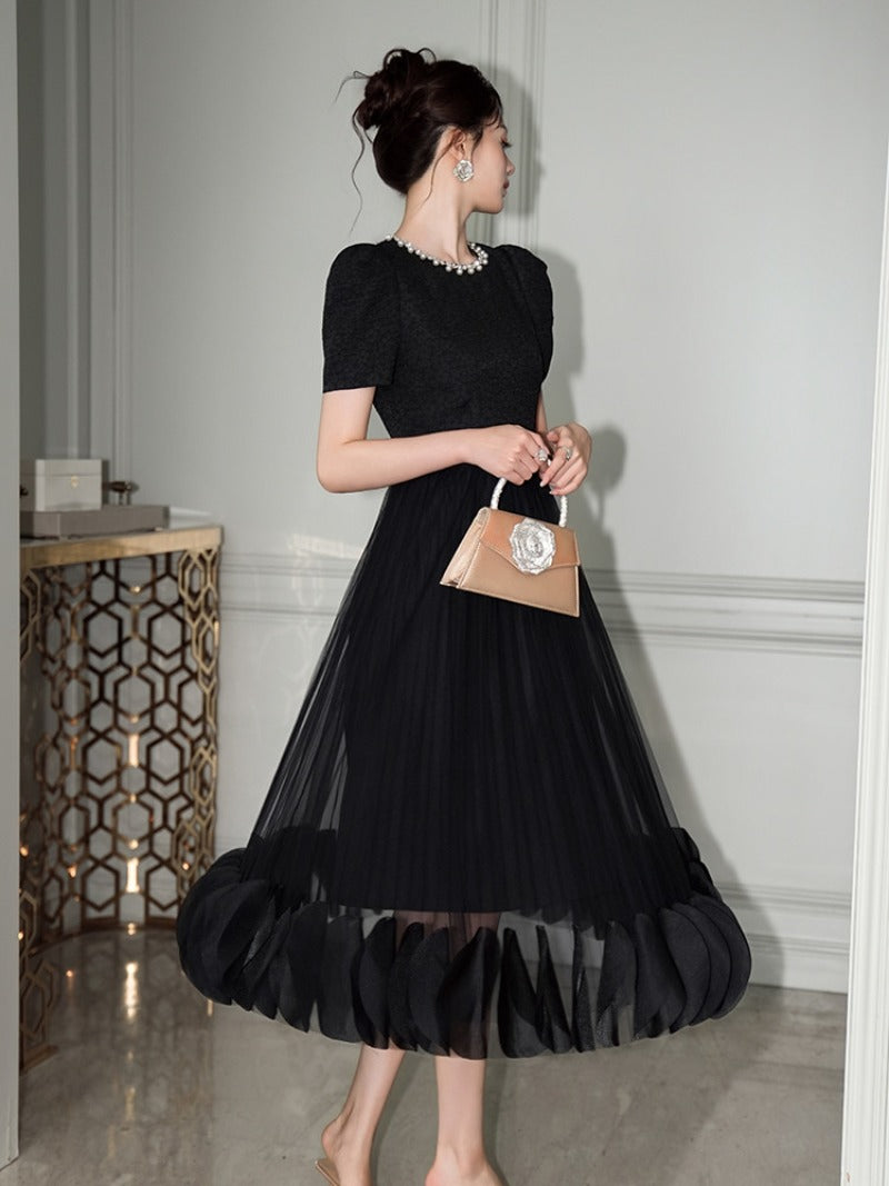 Black Pearl-Trim Lace Puff Sleeve Fit-and-Flare Midi Dress