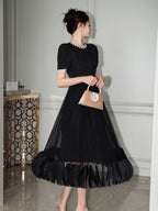Black Pearl-Trim Lace Puff Sleeve Fit-and-Flare Midi Dress