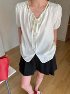 Apricot/Black Tie Front V Neck Puff Sleeve Blouse Top