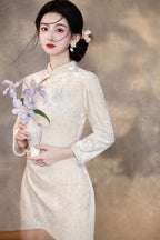 Embossed Velvet Mandarin Collar Sheath Midi Dress