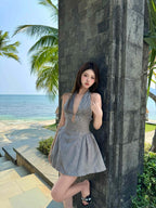 Gray Polka Dot Halter Backless A-Line Mini Dress