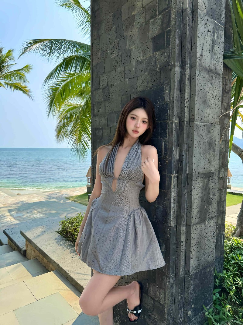 Gray Polka Dot Halter Backless A-Line Mini Dress