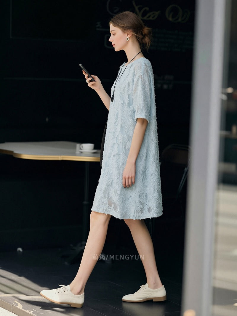 Light Blue Textured Floral Round Neck Short Sleeve Shift Mini Dress