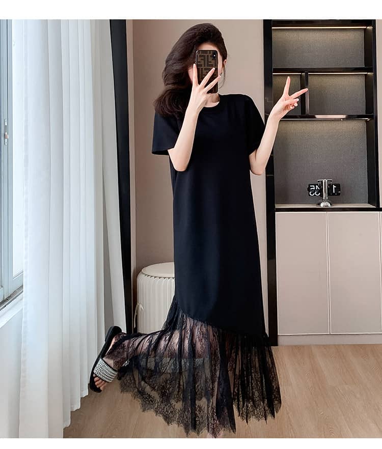 Black Round Neck Short Sleeve Lace Maxi Dress
