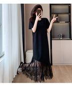 Black Round Neck Short Sleeve Lace Maxi Dress