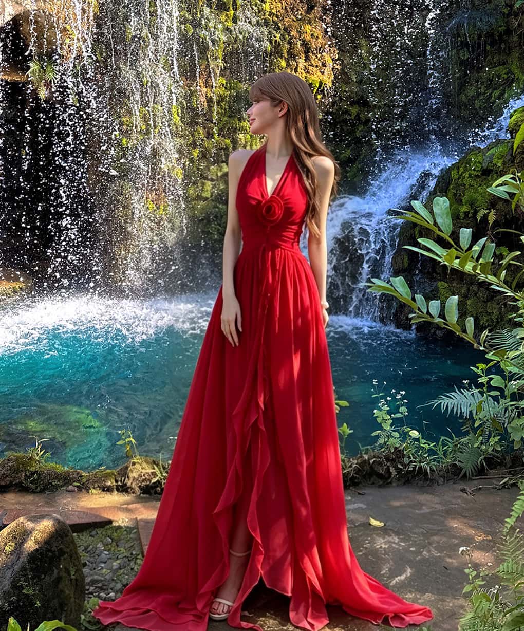 Red Halter Flower Draped A-Line Maxi Dress