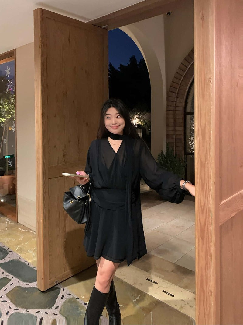 Black Tie Neck V-Neck 3/4 Sleeve Chiffon A-Line Mini Dress