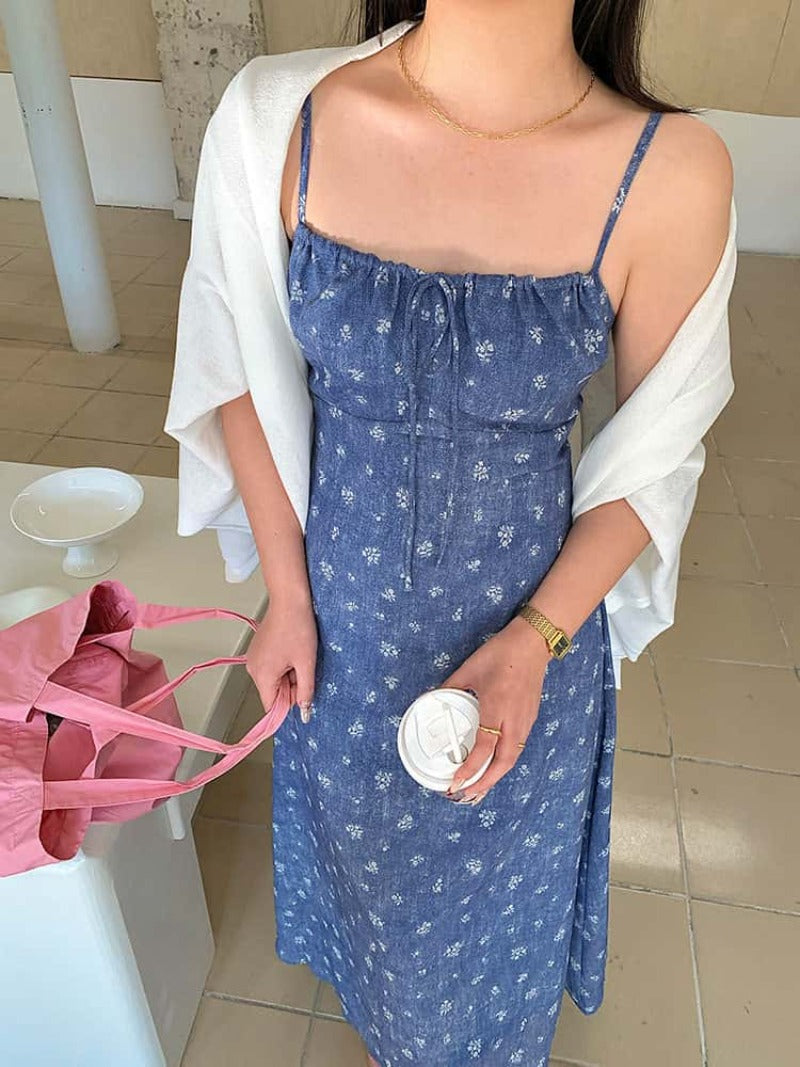 Blue Floral Tie Front Spaghetti Strap Maxi Dress