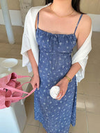 Blue Floral Tie Front Spaghetti Strap Maxi Dress