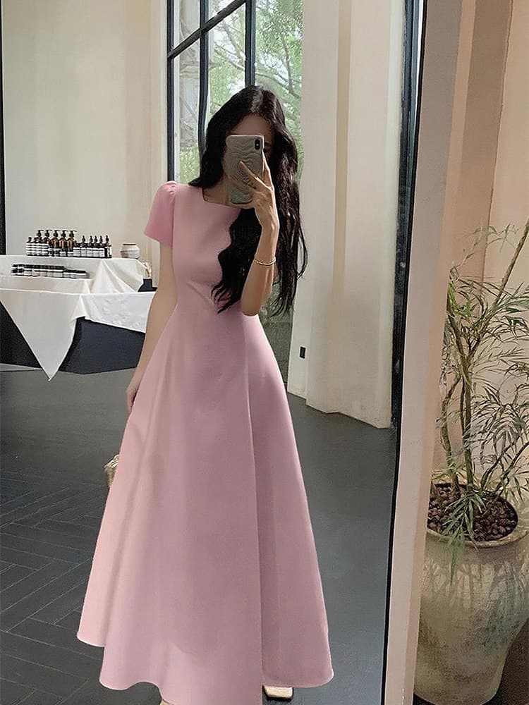 Round Neck Short Sleeve High Waist A-Line Maxi Dress