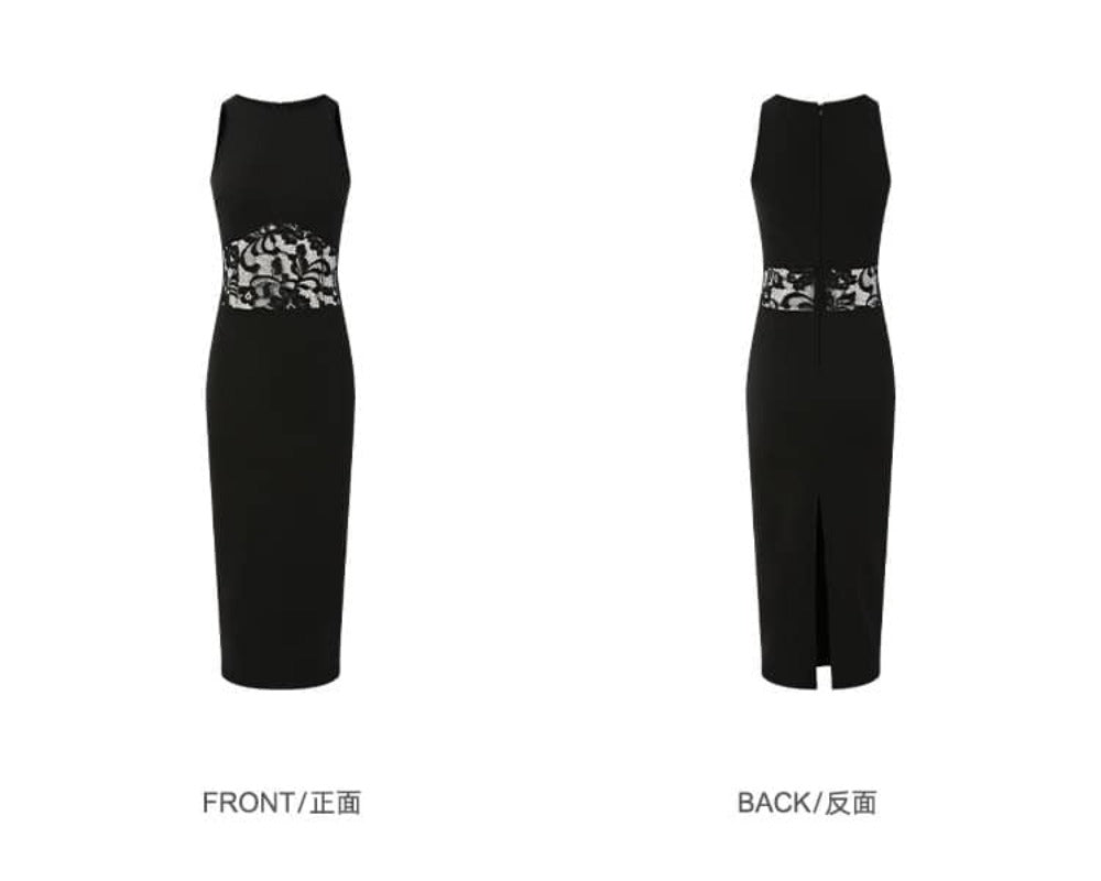 Black Round Neck Lace Waist Sleeveless Bodycon Midi Dress