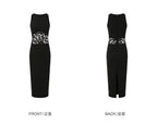 Black Round Neck Lace Waist Sleeveless Bodycon Midi Dress