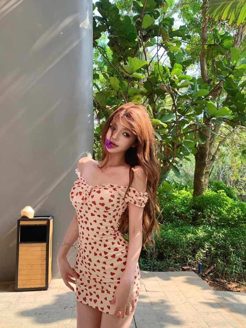 Cream Heart Print Off Shoulder Bodycon Mini Dress