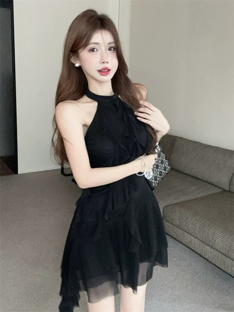 Flirty Black Ruffle Halter High-Low Mini Dress