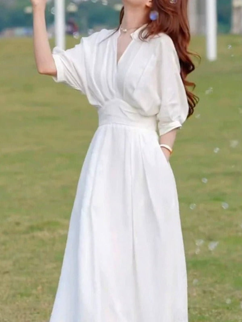 White V-Neck Pleated A-Line Maxi Dress