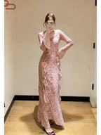 Pink Riviera Ruffle Print Long Sleeve Sheath Maxi Dress