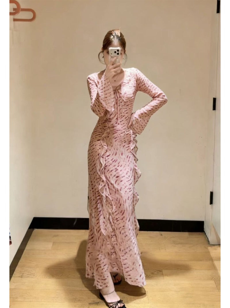 Pink Riviera Ruffle Print Long Sleeve Sheath Maxi Dress