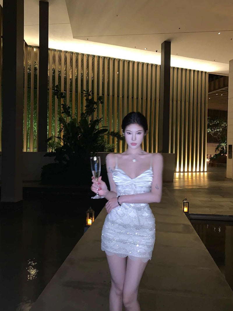 White Sultry Satin Sequin Bodycon Mini Dress