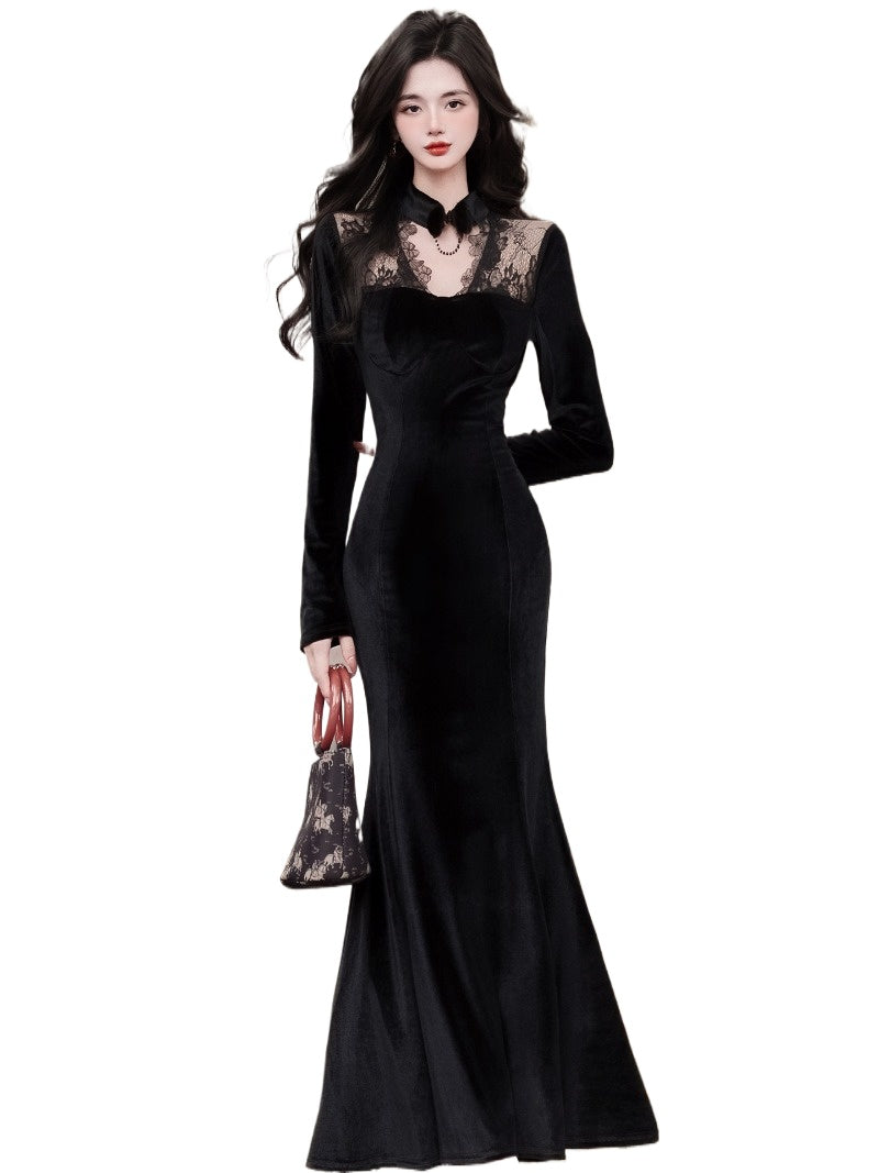 Black Velvet Lace High Neck Mermaid Maxi Dress