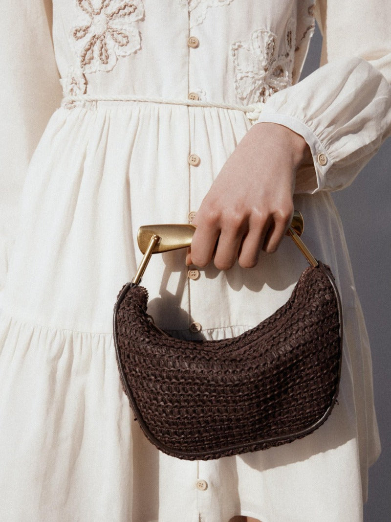 Raffia-Effect Woven Mini Bag with Metal Handle