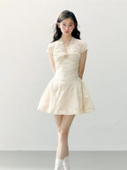Ivory Lace Trim V Neck Puff Sleeve Fit-and-Flare Mini Dress