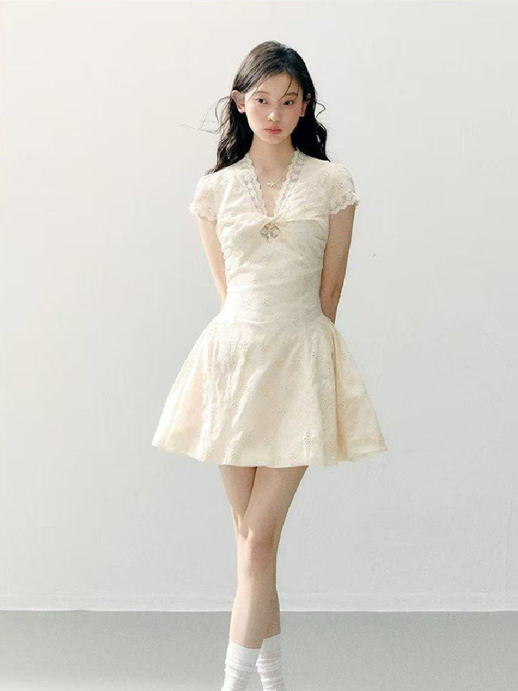 Ivory Lace Trim V Neck Puff Sleeve Fit-and-Flare Mini Dress