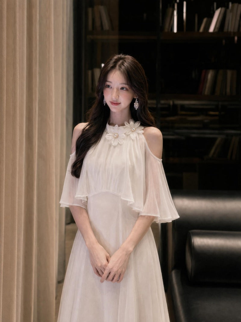 Ivory Petal Bloom Cold Shoulder A-Line Maxi Dress