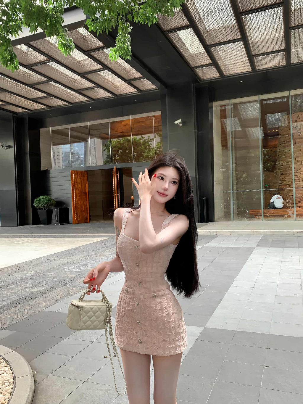 Blush Pink Chic Textured Square Neck Mini Dress