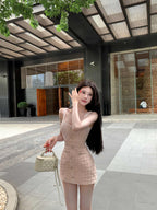 Blush Pink Chic Textured Square Neck Mini Dress