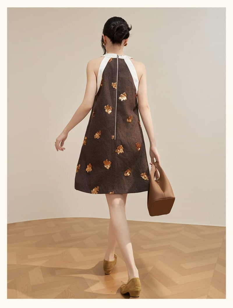 Brown Bow Neck Sequin Embellished Shift Mini Dress