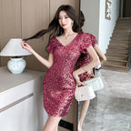 Sequin V Neck Ruched Bodycon Mini Dress