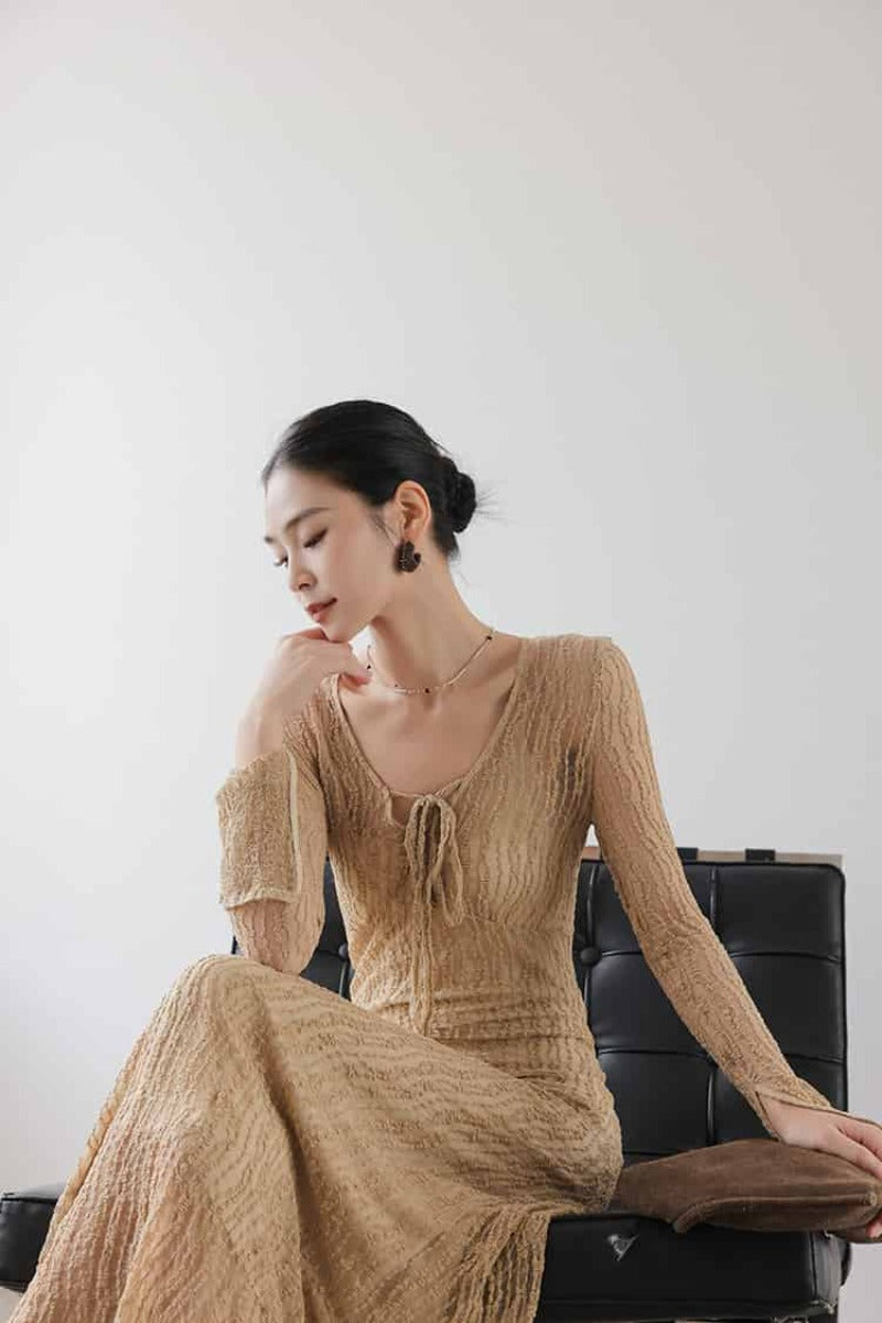 Desert Veil Khaki Mesh Tie Front V Neck Maxi Dress