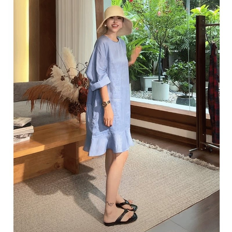 Linen Round Neck Fishtail Hem Midi Dress Main image