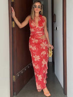 Tropical Heat Red Floral Cutout Halter Maxi Dress