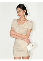 Ruched Cowl Neck Bodycon Mini Dress with Short Sleeves